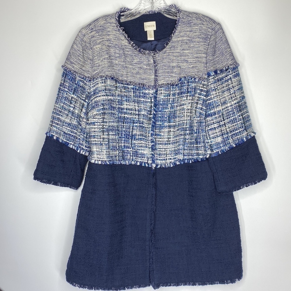 Chico's Textured Colorblock Tweed Blue Jacket 3/4 Sleeves Size 1 Medium